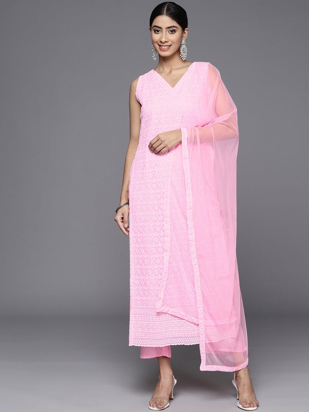 Pink Embroidered Georgette Straight Kurta With Trousers & Dupatta - Jashvi