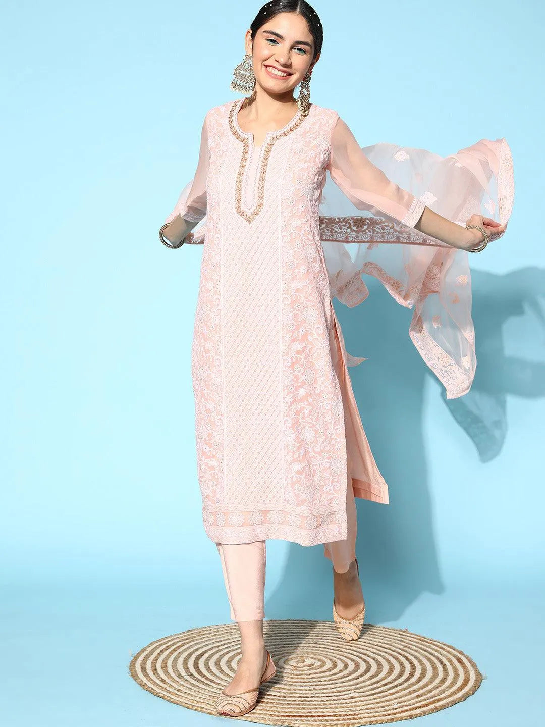 Pink Embroidered Georgette Straight Suit Set With Trousers - Jashvi