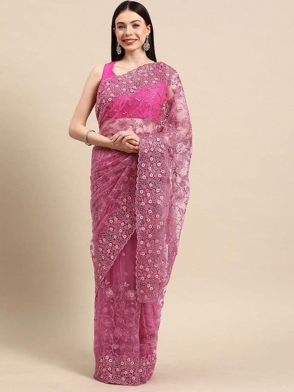 Pink Embroidered Net Saree - Jashvi