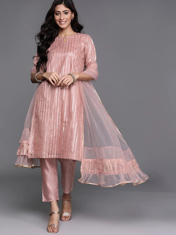 Pink Embroidered Net Suit Set - Jashvi