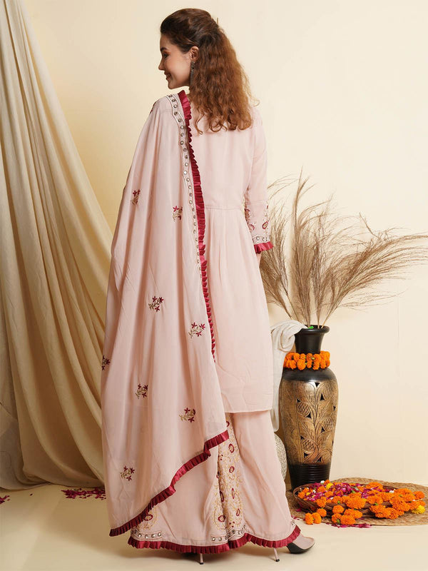 Women's Pink Embroidered Palazo Kurta Set - Odette