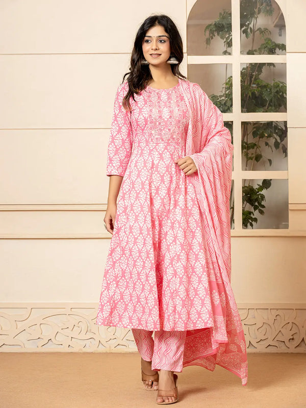 Pink Embroidered Pure Cotton Anarkali Kurta Trouser With Dupatta Set