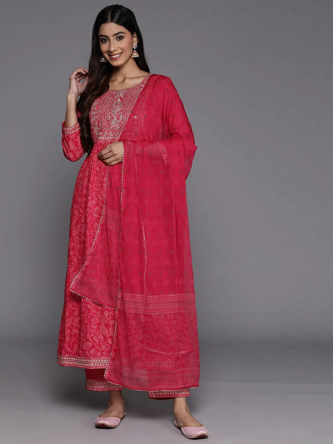 Pink Embroidered Rayon Suit Set With Trousers - Jashvi