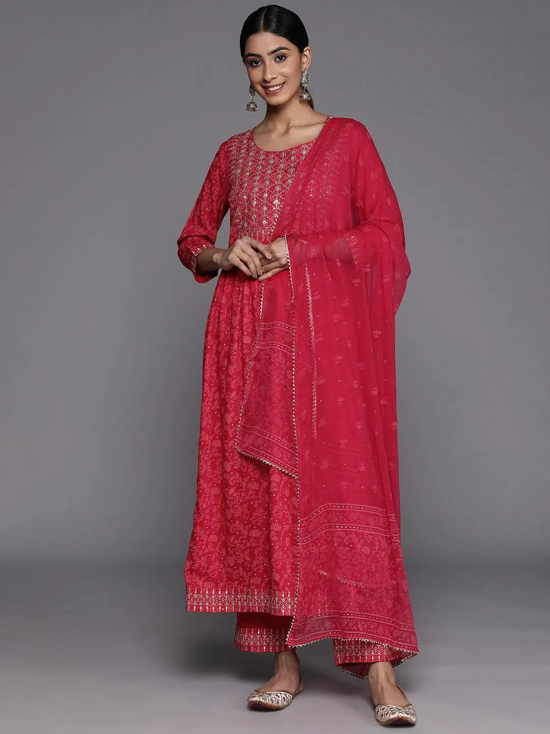 Pink Embroidered Rayon Suit Set With Trousers - Jashvi