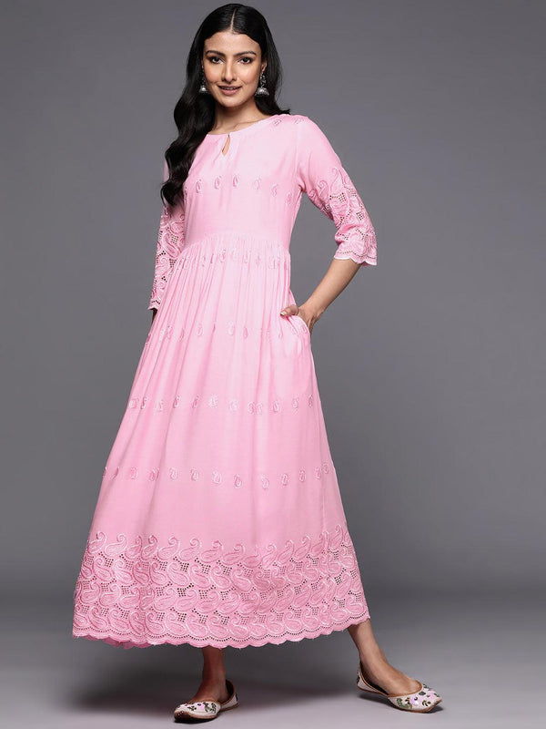 Pink Embroidered Rayon Fit and Flare Dress - Jashvi