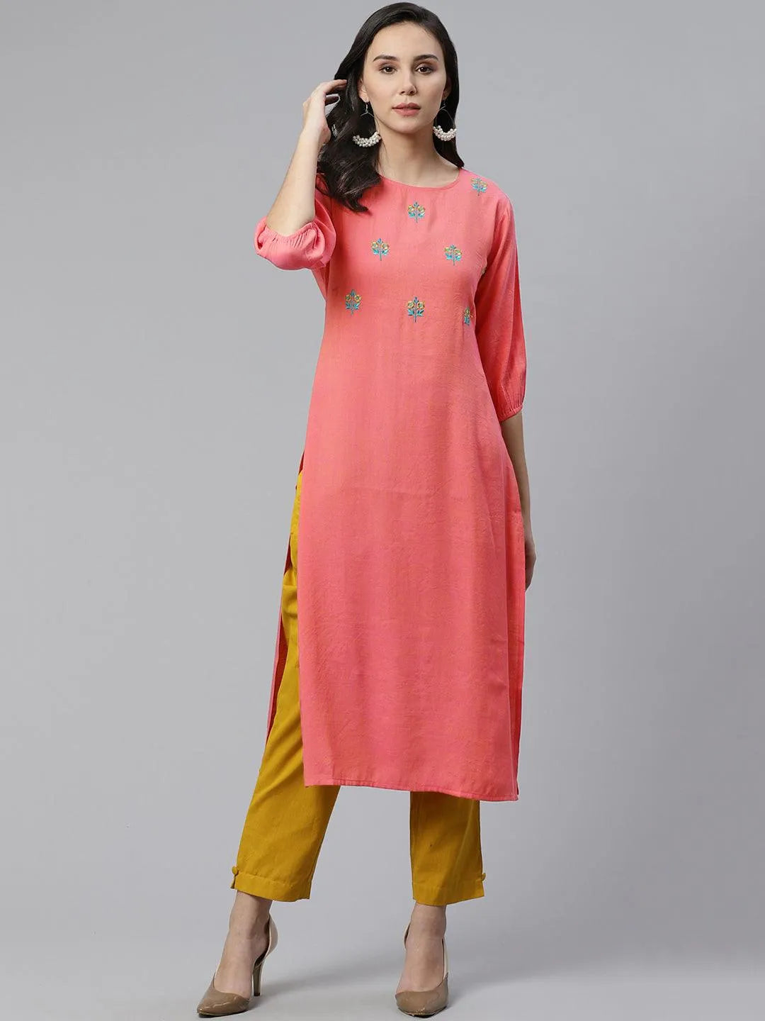 Pink Embroidered Rayon Kurta - Jashvi