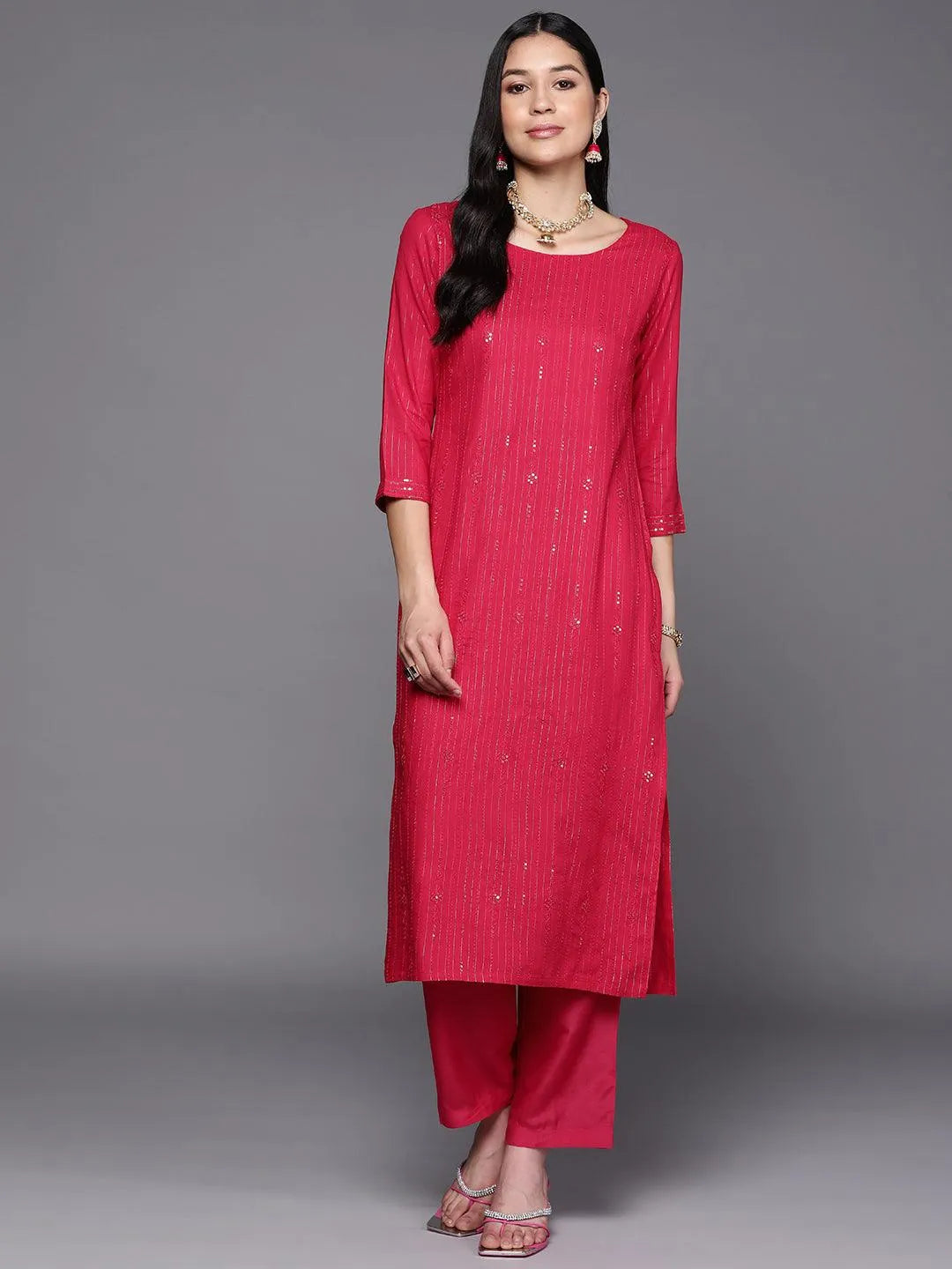 Pink Embroidered Rayon Straight Kurta - Jashvi