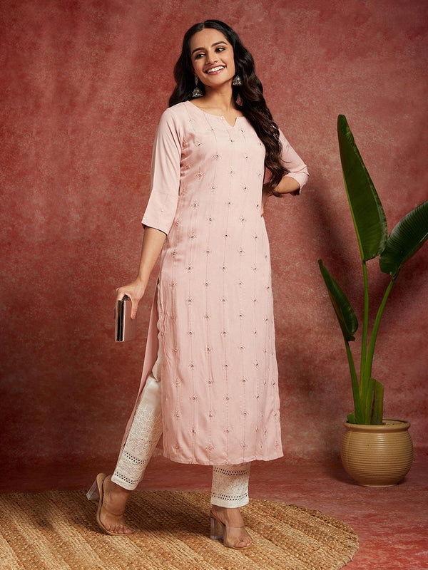 Pink Embroidered Rayon Straight Kurta - Jashvi