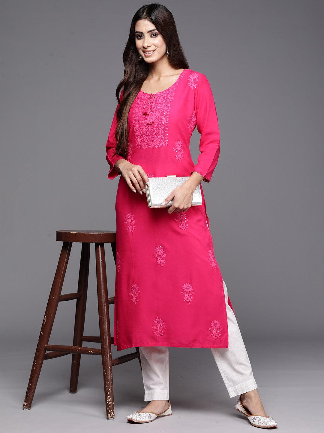 Pink Embroidered Rayon Straight Kurta - Jashvi