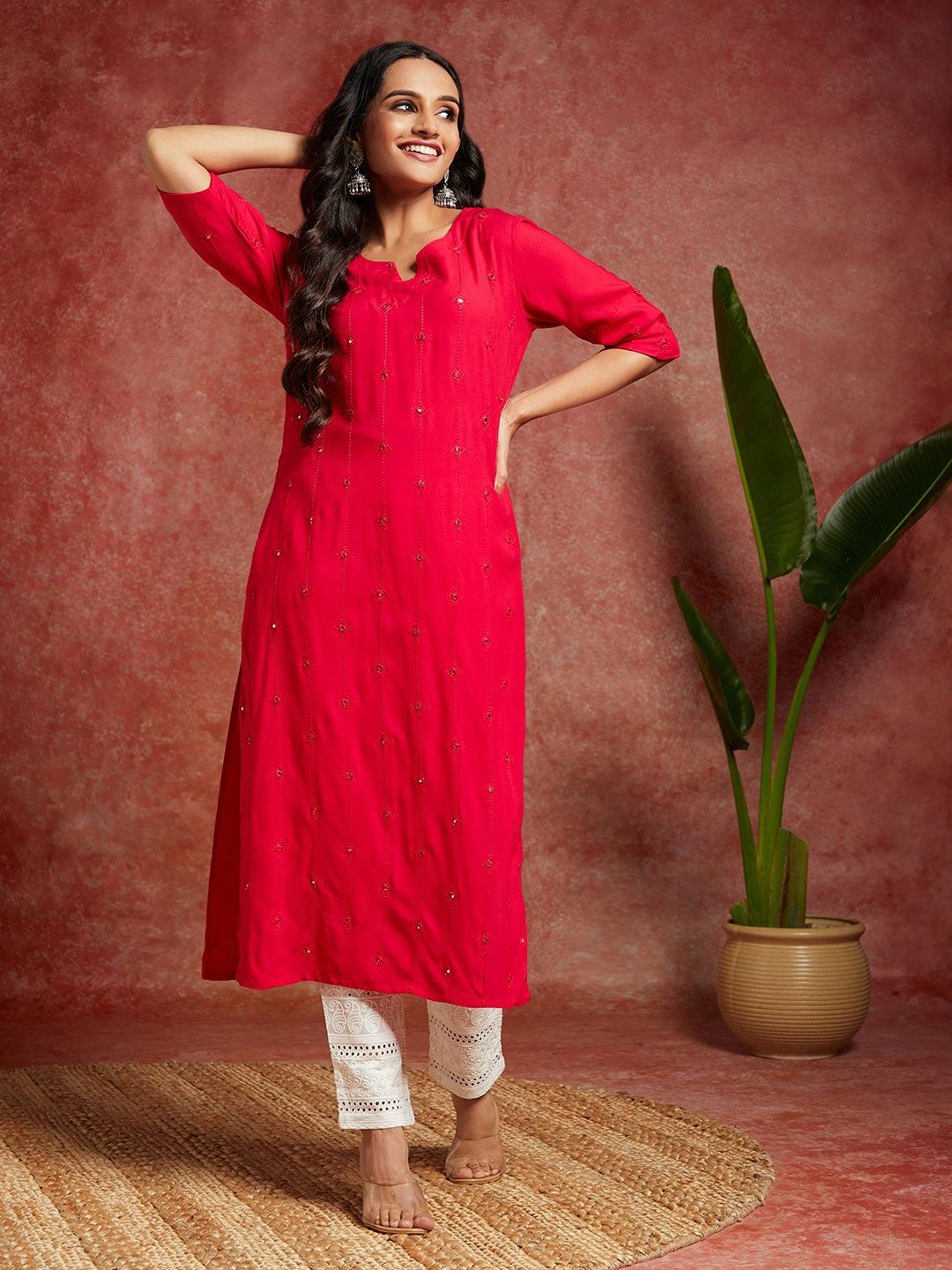 Pink Embroidered Rayon Straight Kurta - Jashvi