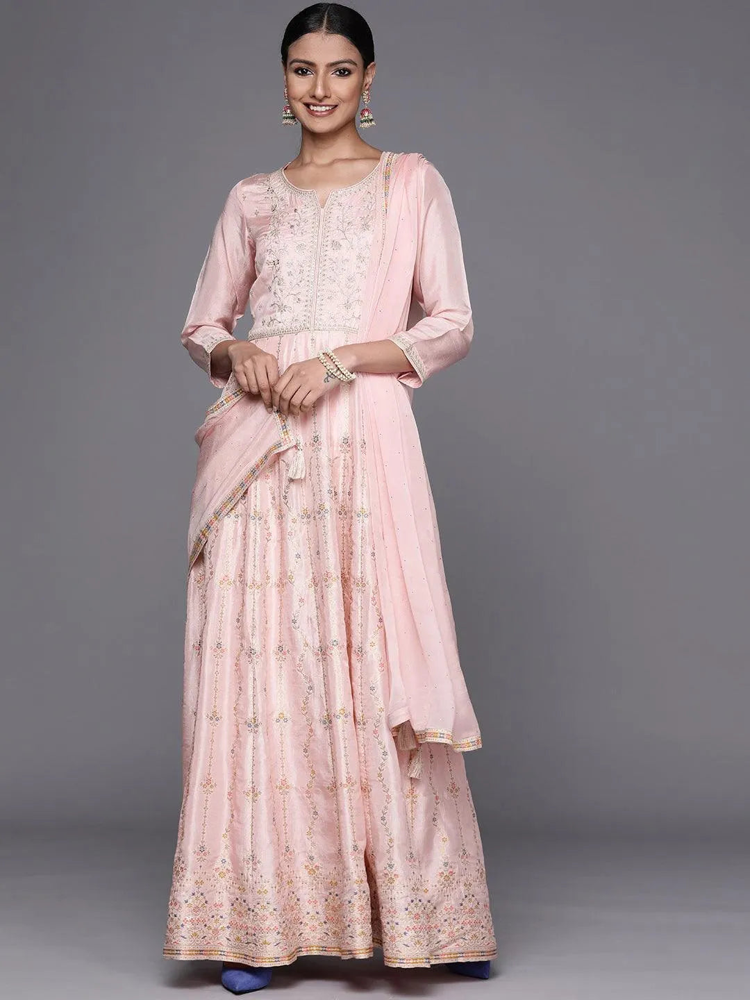 Pink Embroidered Silk Anarkali Suit Set - Jashvi