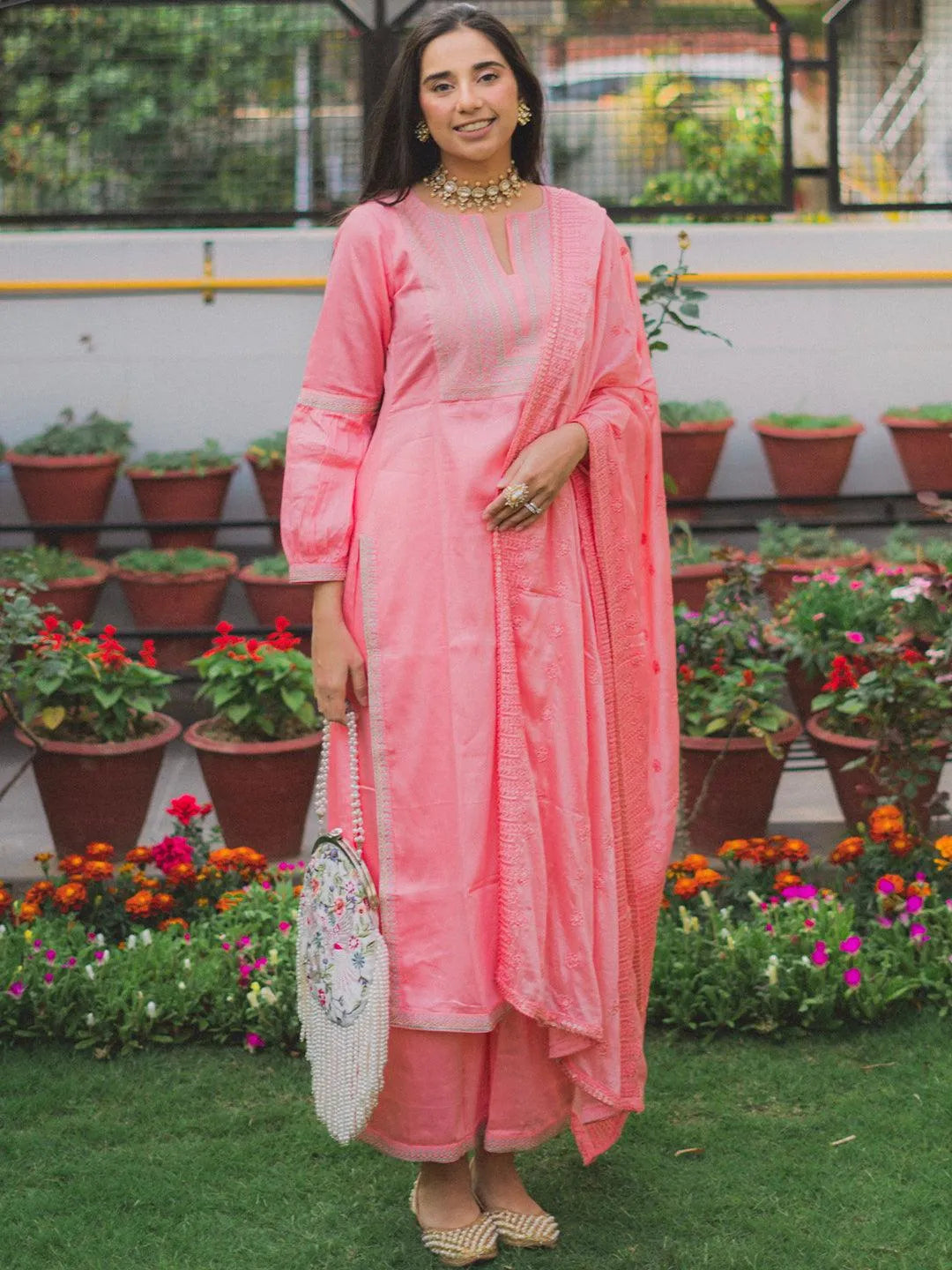 Pink Embroidered Silk Blend Suit Set - Jashvi