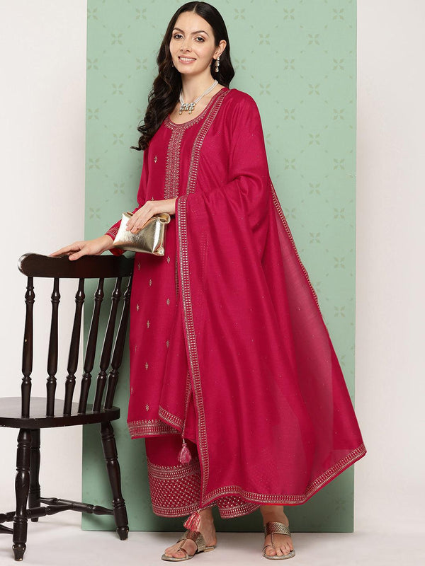 Pink Embroidered Silk Blend Straight Kurta With Palazzos & Dupatta - Jashvi