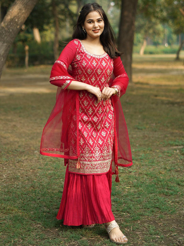 Pink Embroidered Silk Blend Straight Kurta With Sharara & Dupatta - Jashvi