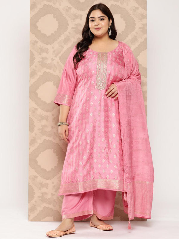 Pink Embroidered Silk Blend Straight Kurta With Trousers and Dupatta - Jashvi