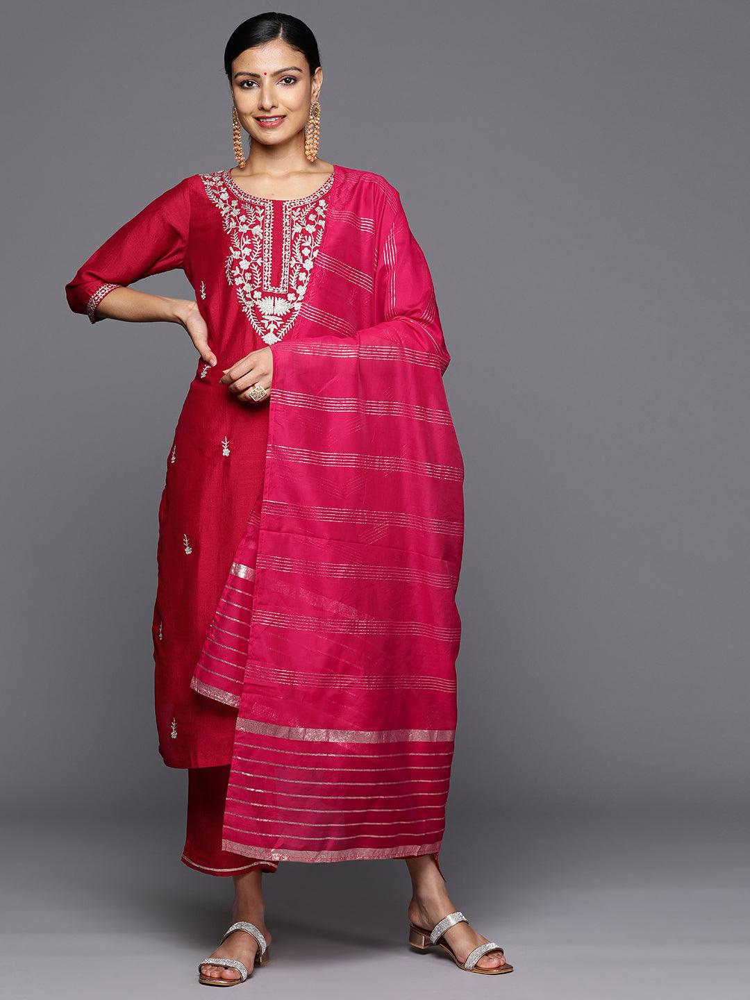 Pink Embroidered Silk Blend Straight Kurta With Trousers & Dupatta - Jashvi