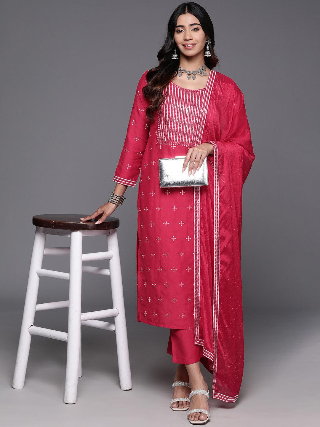 Pink Embroidered Silk Blend Straight Suit With Dupatta - Jashvi