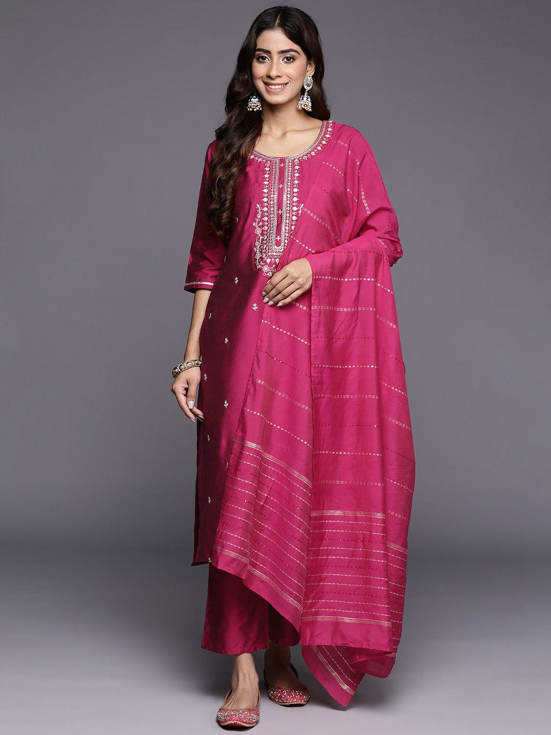 Pink Embroidered Silk Blend Straight Kurta With Trousers & Dupatta - Jashvi