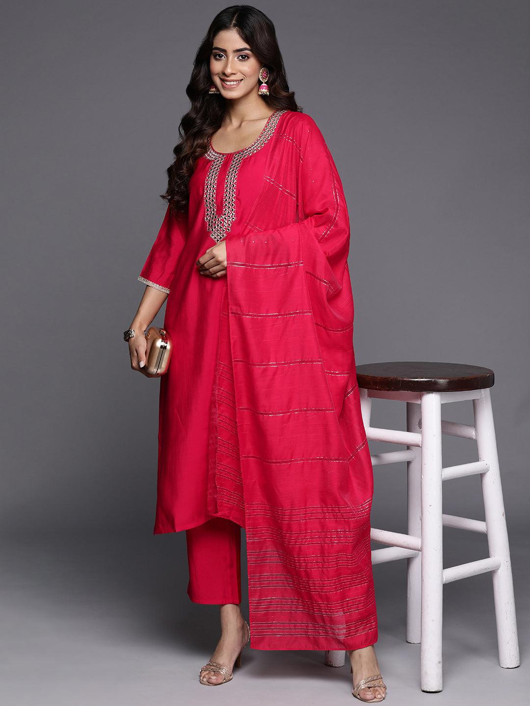 Pink Embroidered Silk Blend Straight Kurta With Trousers & Dupatta - Jashvi