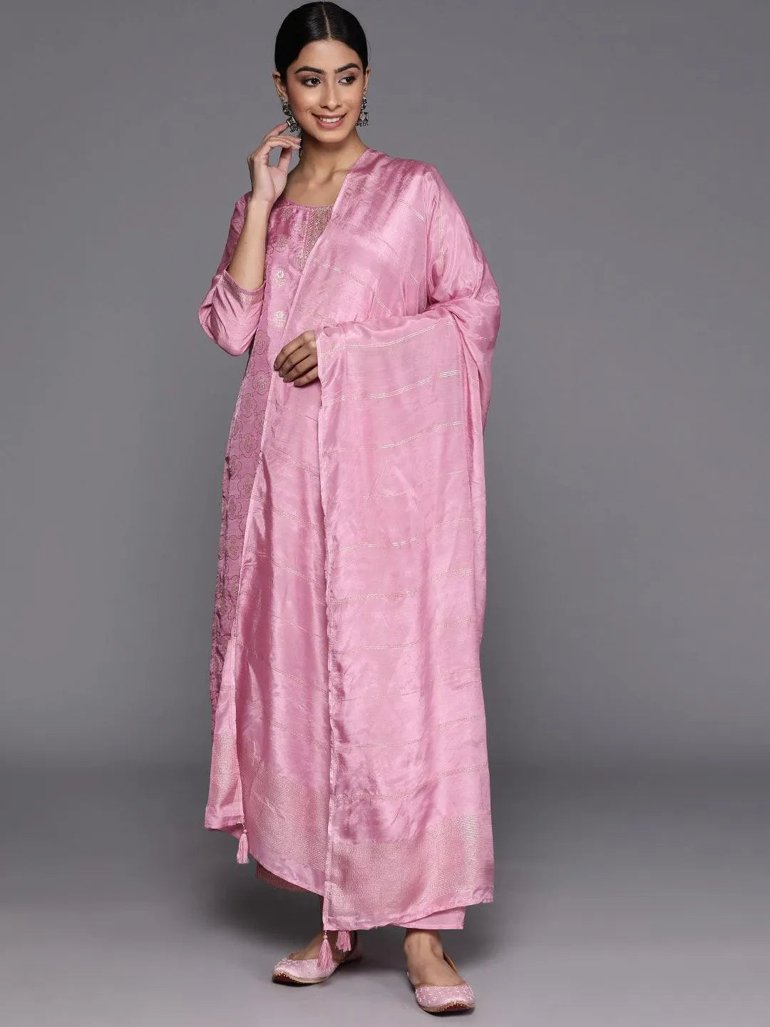 Pink Embroidered Silk Blend Suit Set With Trousers - Jashvi