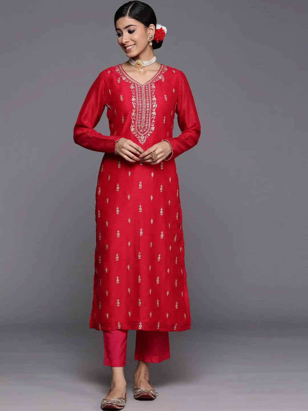 Pink Embroidered Silk Straight Kurta - Jashvi