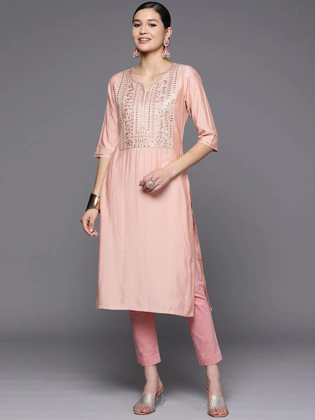 Pink Embroidered Silk Straight Kurta - Jashvi