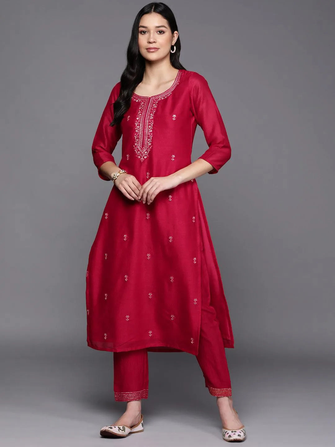 Pink Embroidered Silk Straight Kurta - Jashvi