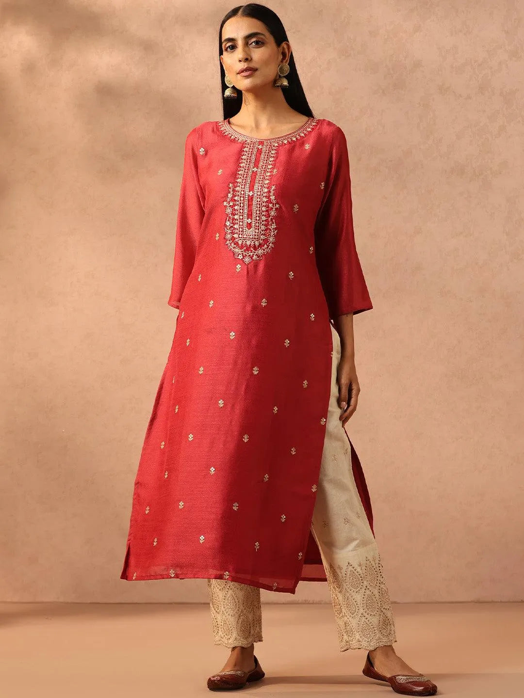 Pink Embroidered Silk Straight Kurta - Jashvi