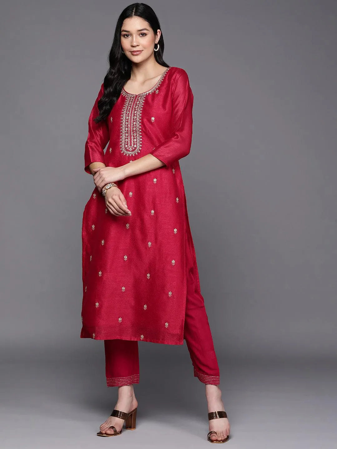 Pink Embroidered Silk Straight Kurta - Jashvi