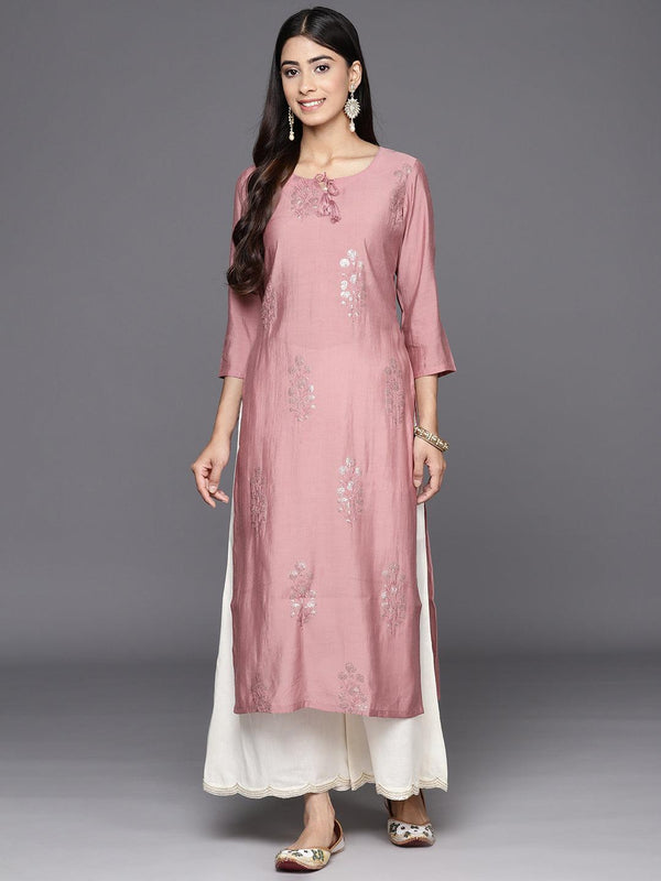 Pink Embroidered Silk Straight Kurta - Jashvi