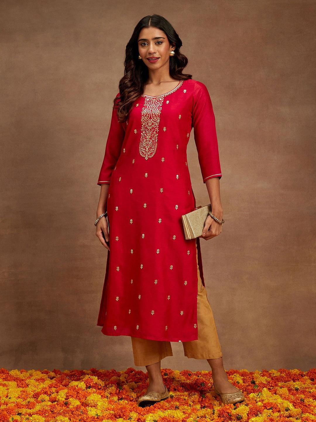 Pink Embroidered Silk Straight Kurta - Jashvi