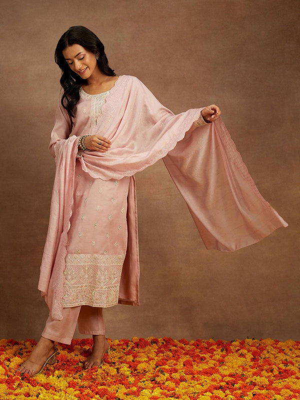 Pink Embroidered Silk Straight Kurta With Trousers & Dupatta - Jashvi