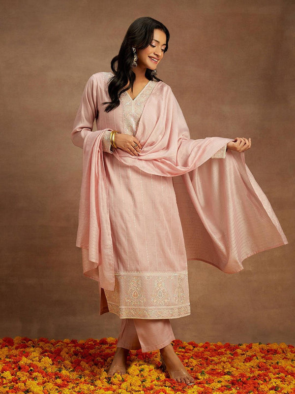 Pink Embroidered Silk Straight Kurta With Trousers & Dupatta - Jashvi