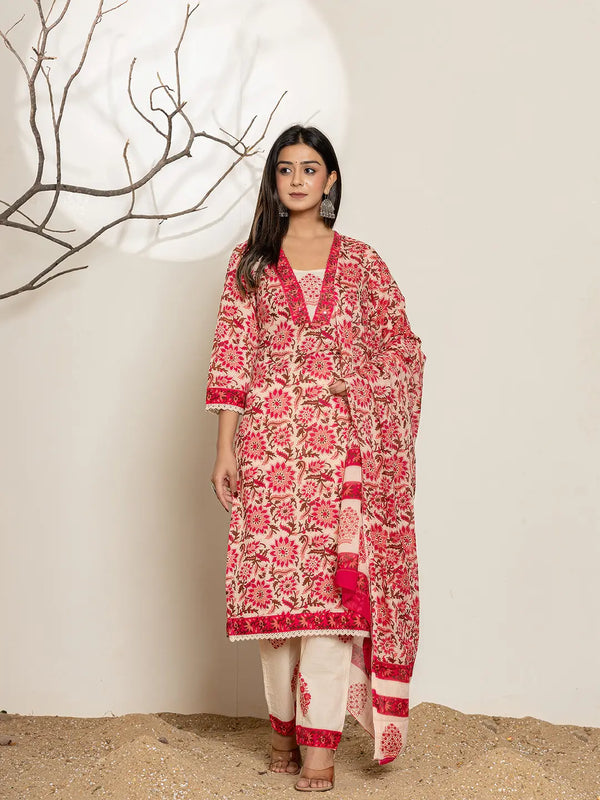 Pink Embroidered Thread Work Pure Cotton Kurta Trousers & Dupatta