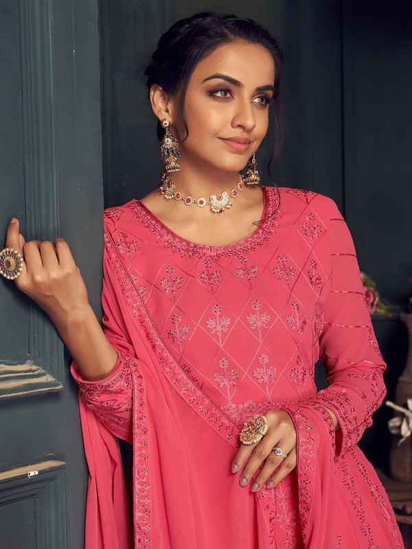 Women's Pink Faux Georgette Heavy Chain Stich Embroidery Kurta Set - Odette