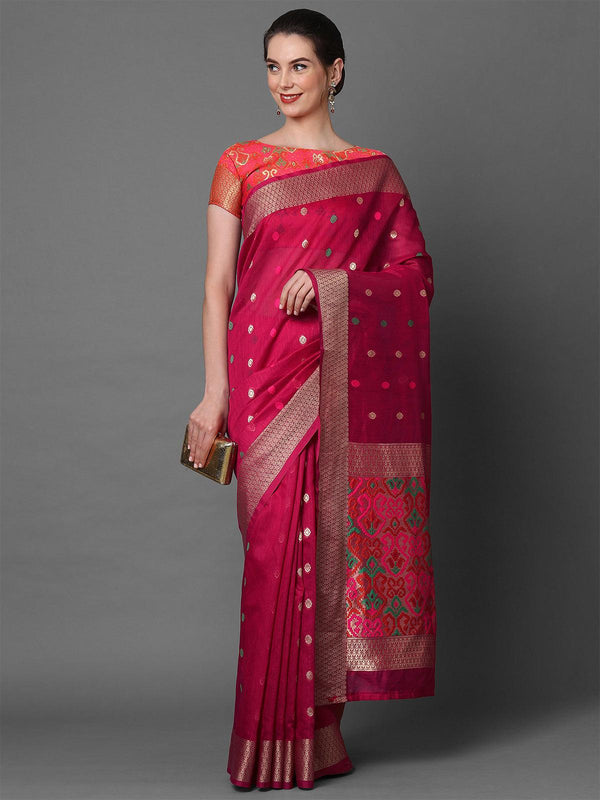 Women's Pink Festive Cotton Blend Woven Design Saree With Unstitched Blouse - Odette