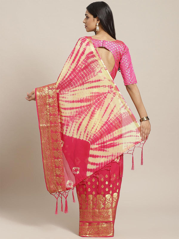 Women's Pink Festive Georgette Woven Saree With Unstitched Blouse - Odette