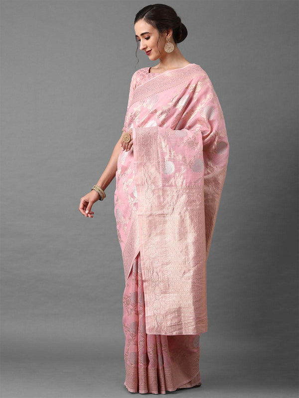 Women's Pink Festive Silk Blend Banarsi Saree With Unstitched Blouse - Odette