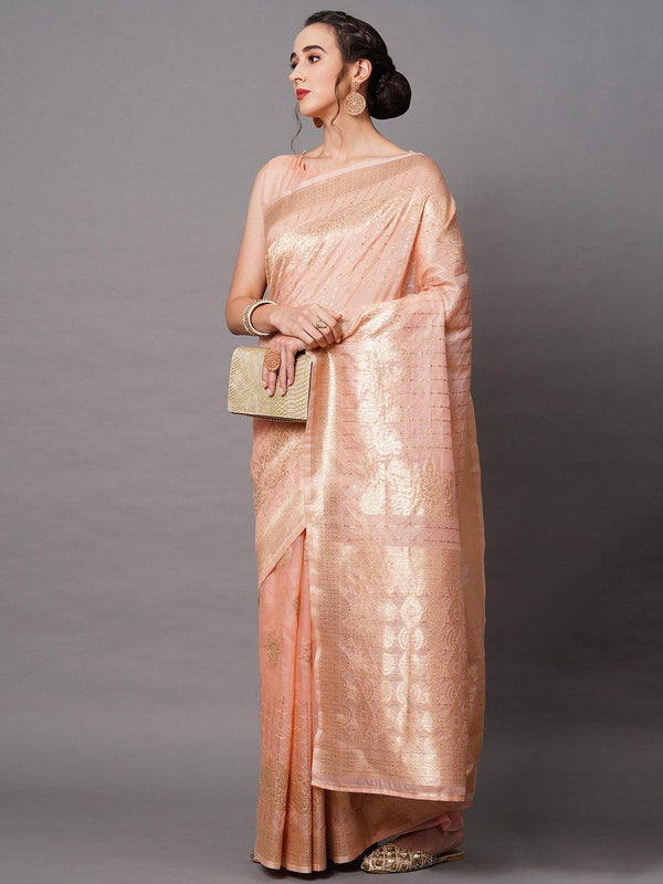 Women's Pink Festive Silk Blend Embroidered Saree With Unstitched Blouse - Odette