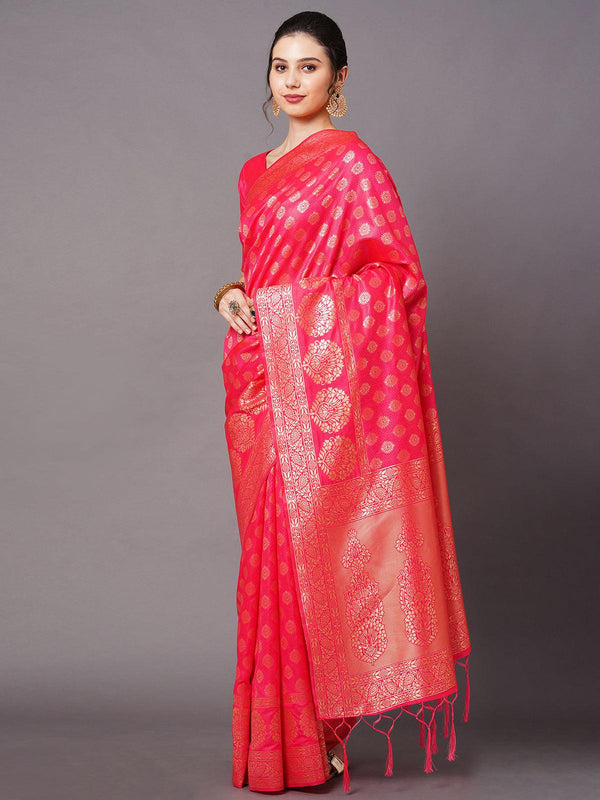 Women's Pink Festive Silk Blend Woven Design Saree With Unstitched Blouse - Odette