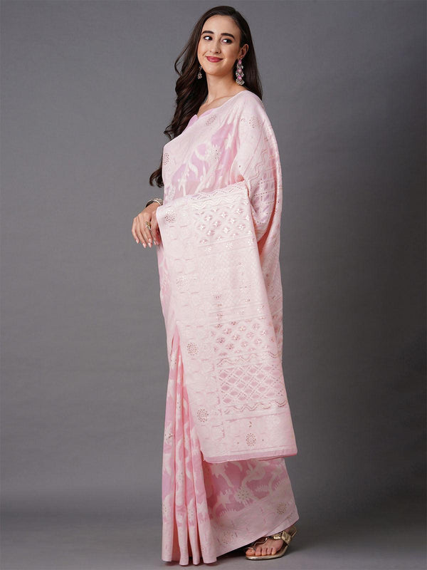 Women's Pink Festive Silk Blend Woven Design Saree With Unstitched Blouse - Odette