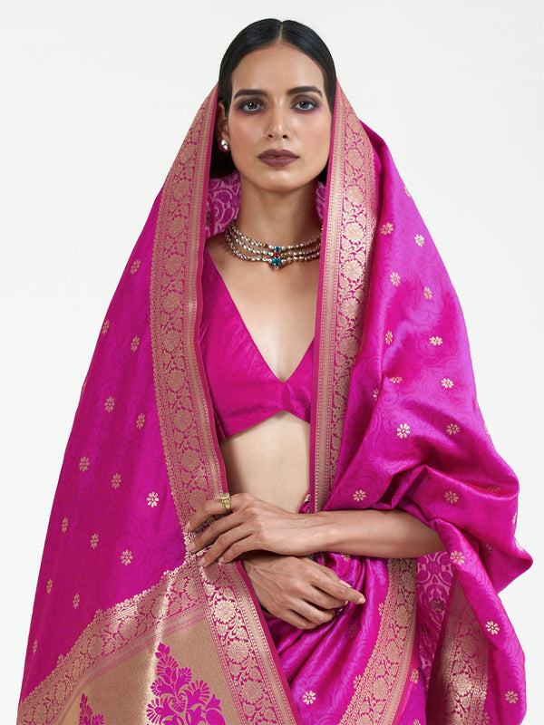 Women's Pink Festive Silk Blend Woven Design Saree With Unstitched Blouse - Odette