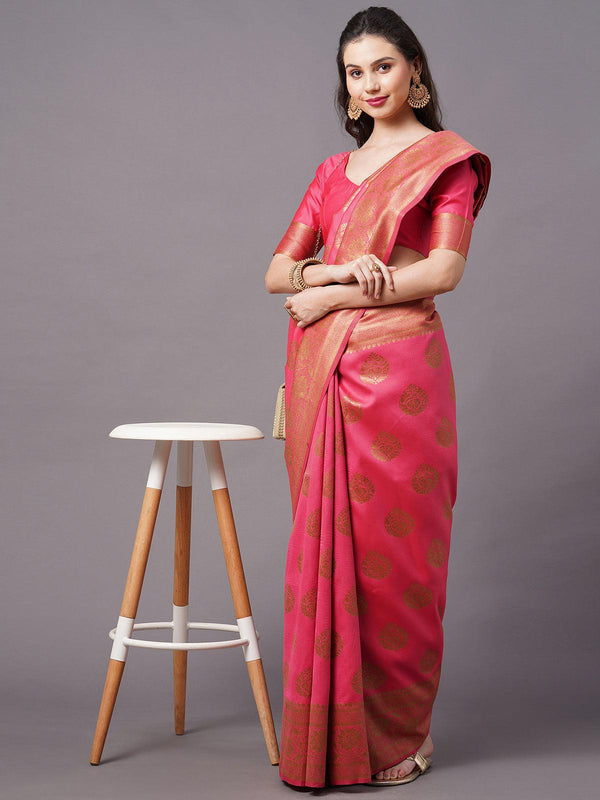 Women's Pink Festive Silk Blend Woven Design Saree With Unstitched Blouse - Odette