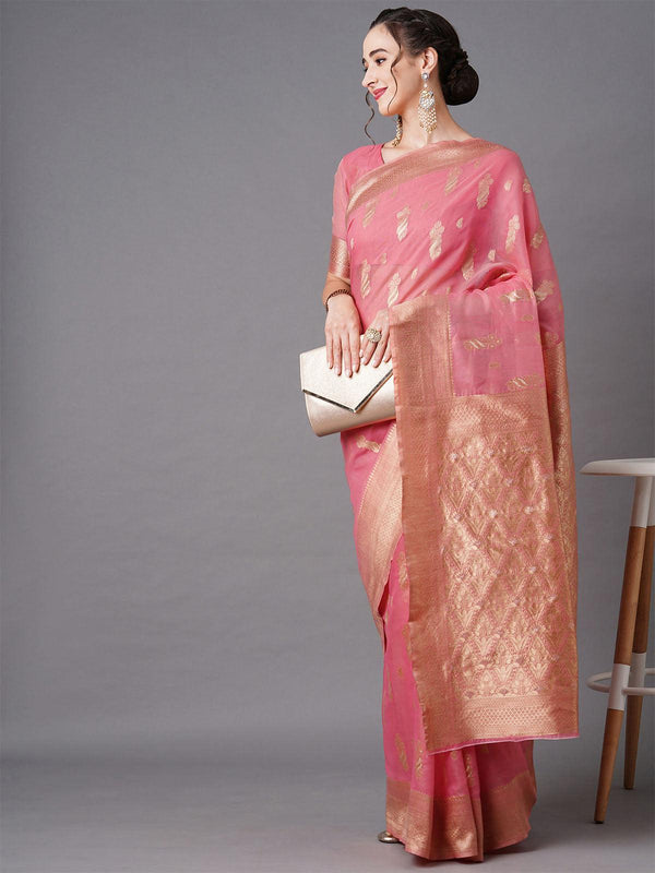 Women's Pink Festive Silk Blend Woven Design Saree With Unstitched Blouse - Odette