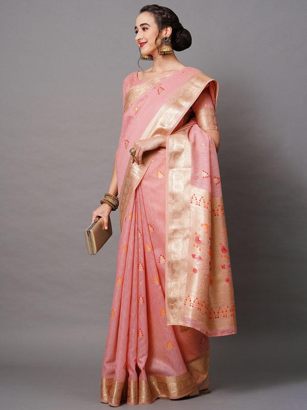 Women's Pink Festive Silk Blend Woven Design Saree With Unstitched Blouse - Odette