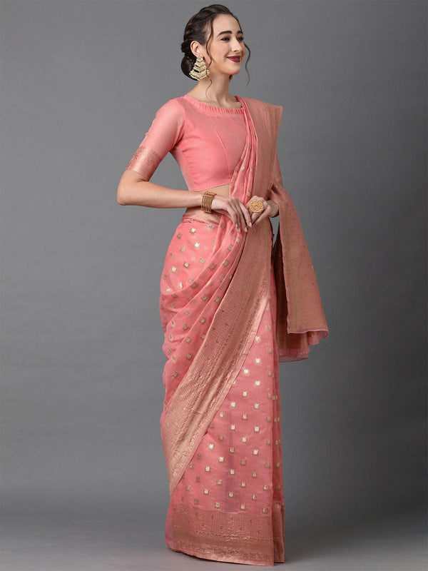 Women's Pink Festive Silk Blend Woven Design Saree With Unstitched Blouse - Odette