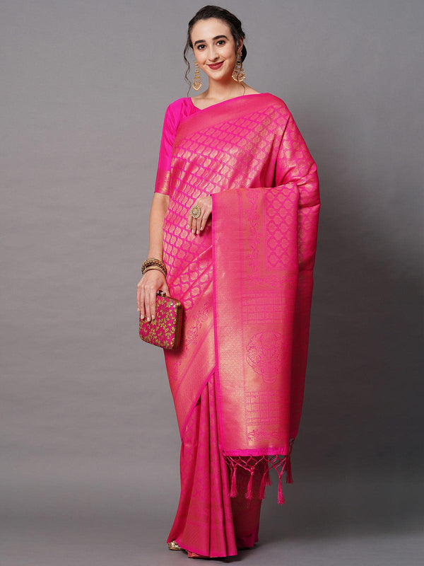 Women's Pink Festive Silk Blend Woven Design Saree With Unstitched Blouse - Odette