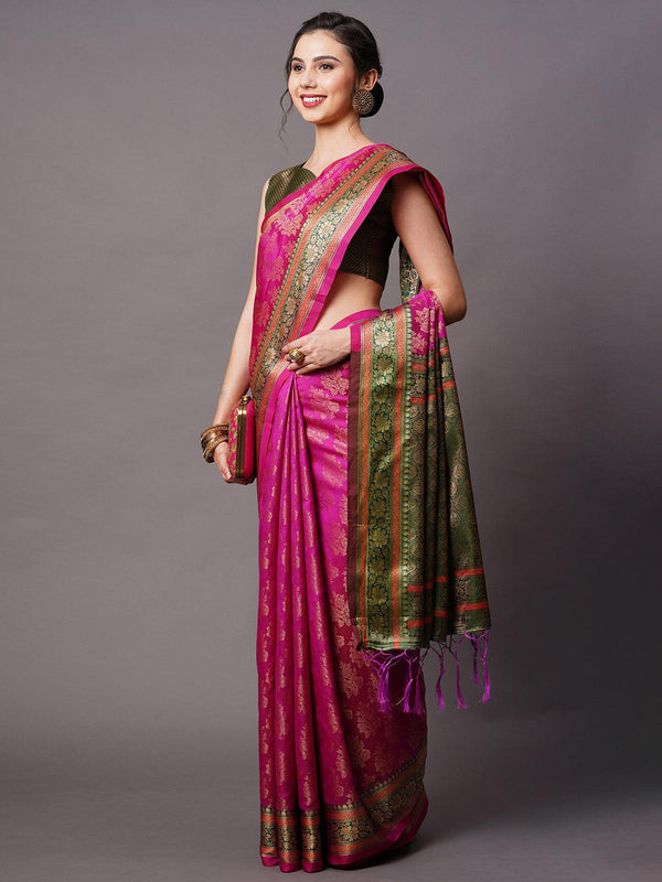 Women's Pink Festive Silk Blend Woven Design Saree With Unstitched Blouse - Odette