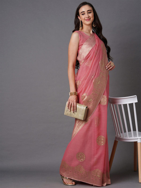 Women's Pink Festive Silk Blend Woven Design Saree With Unstitched Blouse - Odette