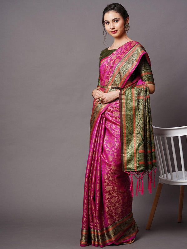 Women's Pink Festive Silk Blend Woven Design Saree With Unstitched Blouse - Odette